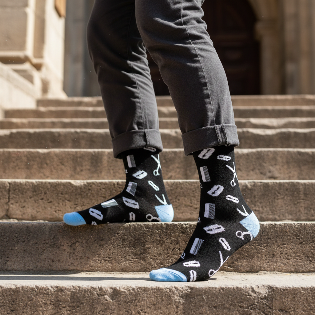 Calcetines KIUO Barberia - subiendo escaleras de piedra Santiago