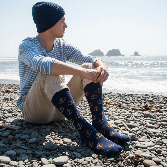 Calcetines KIUO Anclas - diseño náutico en playa rocosa chilena, caña alta natural