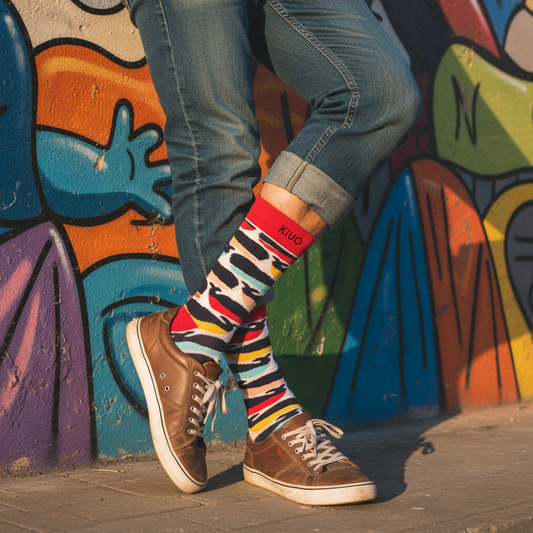 Calcetines KIUO Ballenas de Colores - apoyado en muro street art chileno