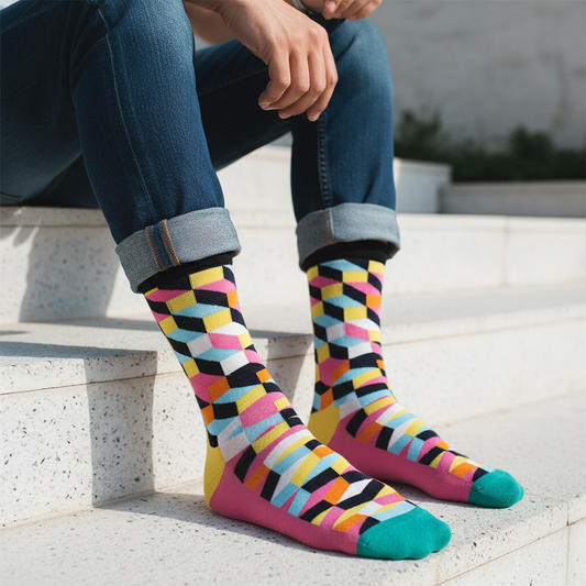 Calcetines KIUO Cuadros Rosado - close up hombre en escalón blanco con patrón 3D rosado