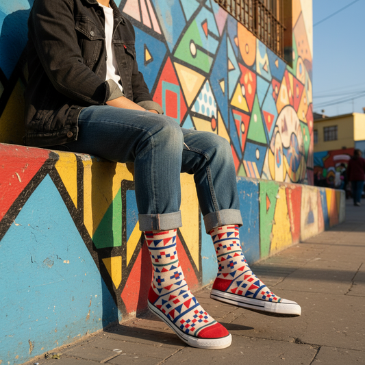 Calcetines KIUO Cuadros y Triángulos - diseño geométrico en mural callejero chileno