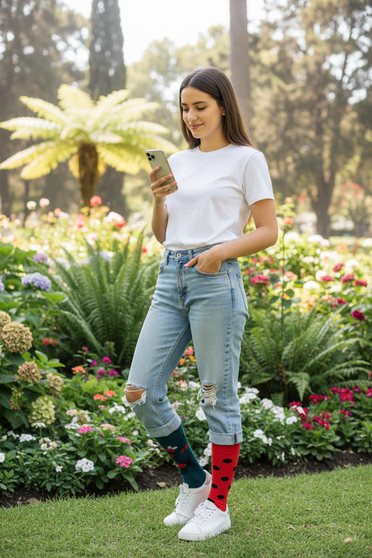 Calcetines con Chinitas - Cuerpo completo parque Santiago femenina par mismatched caña alta