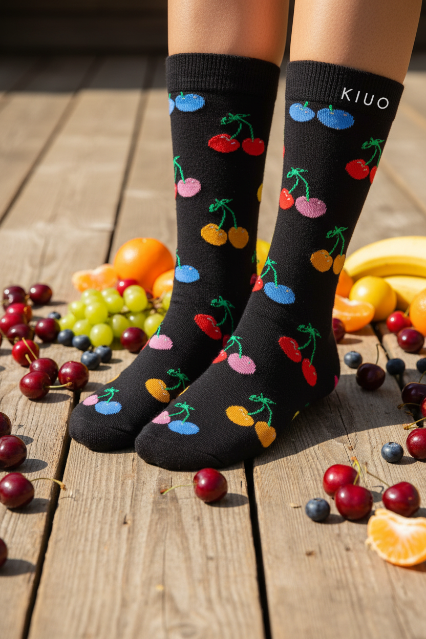 Calcetines Guindas de Colores - Macro guindas y frutas en suelo