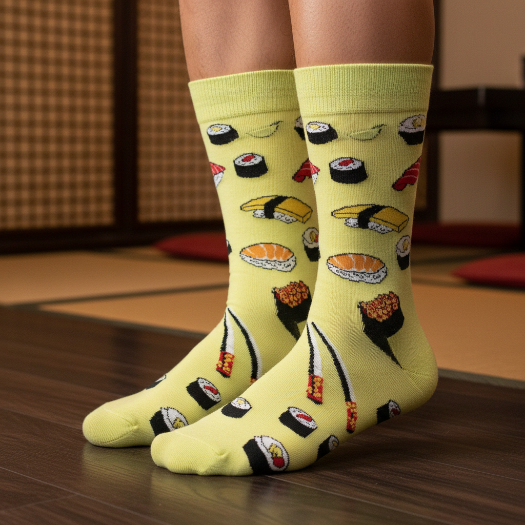 Calcetines Sushi - Macro piso madera restaurante japonés masculino caña alta