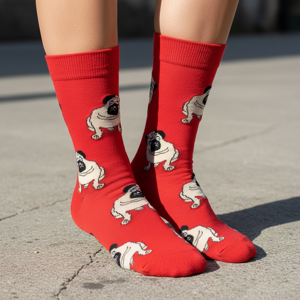 Calcetines Pug Rojos - Macro piso madera femenina caña alta