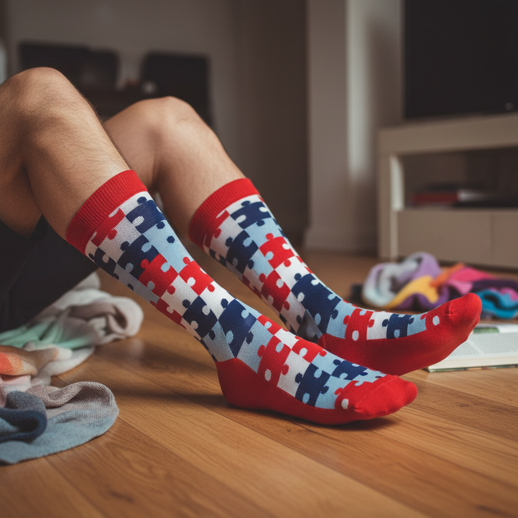 Calcetines Puzzle Rojo - Casa piso madera masculino caña alta