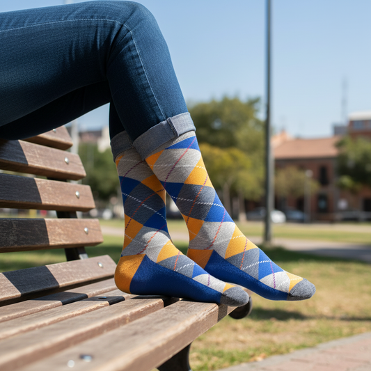 Calcetines Escoces Azul - Close-up femenino banco parque caña alta