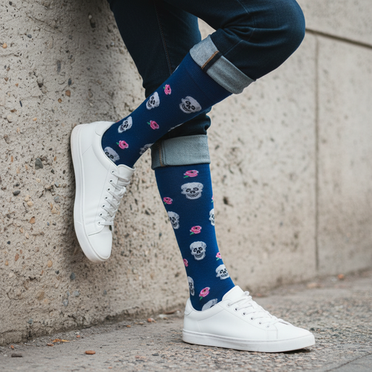 Calcetines KIUO Calaveras y Rosas - apoyado en muro concreto Santiago
