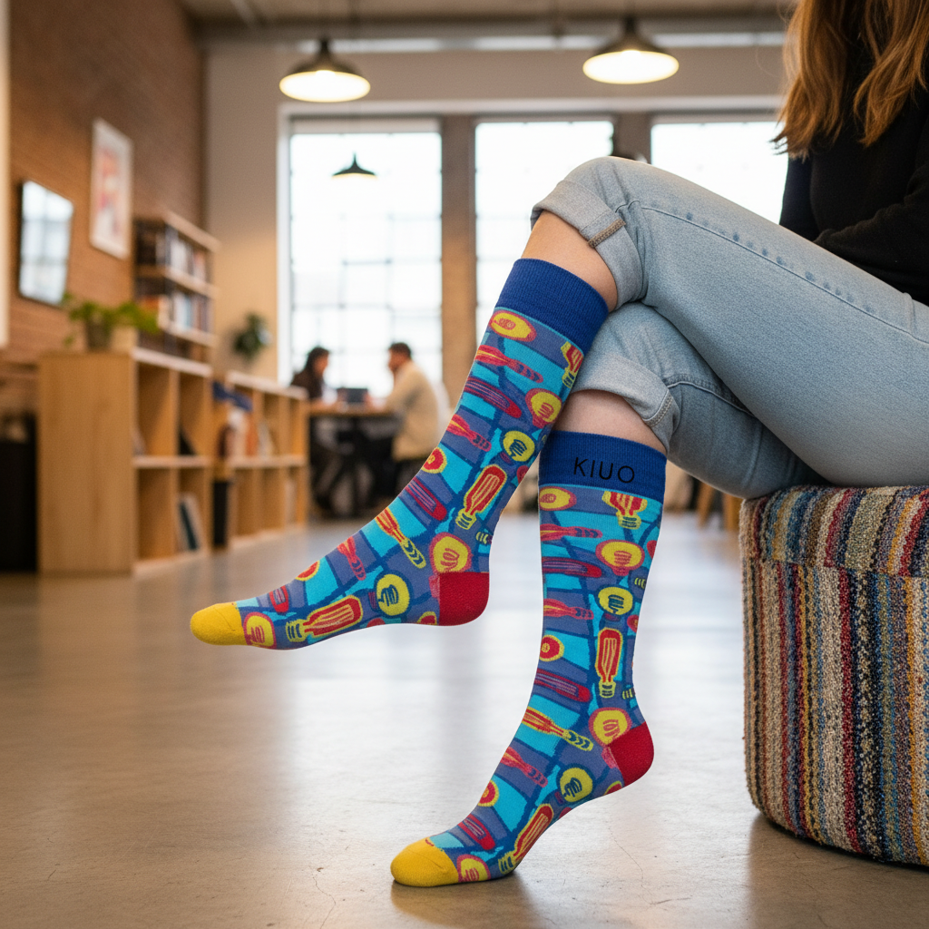 Calcetines KIUO Ampolletas - diseño en coworking chileno, caña alta hasta la rodilla