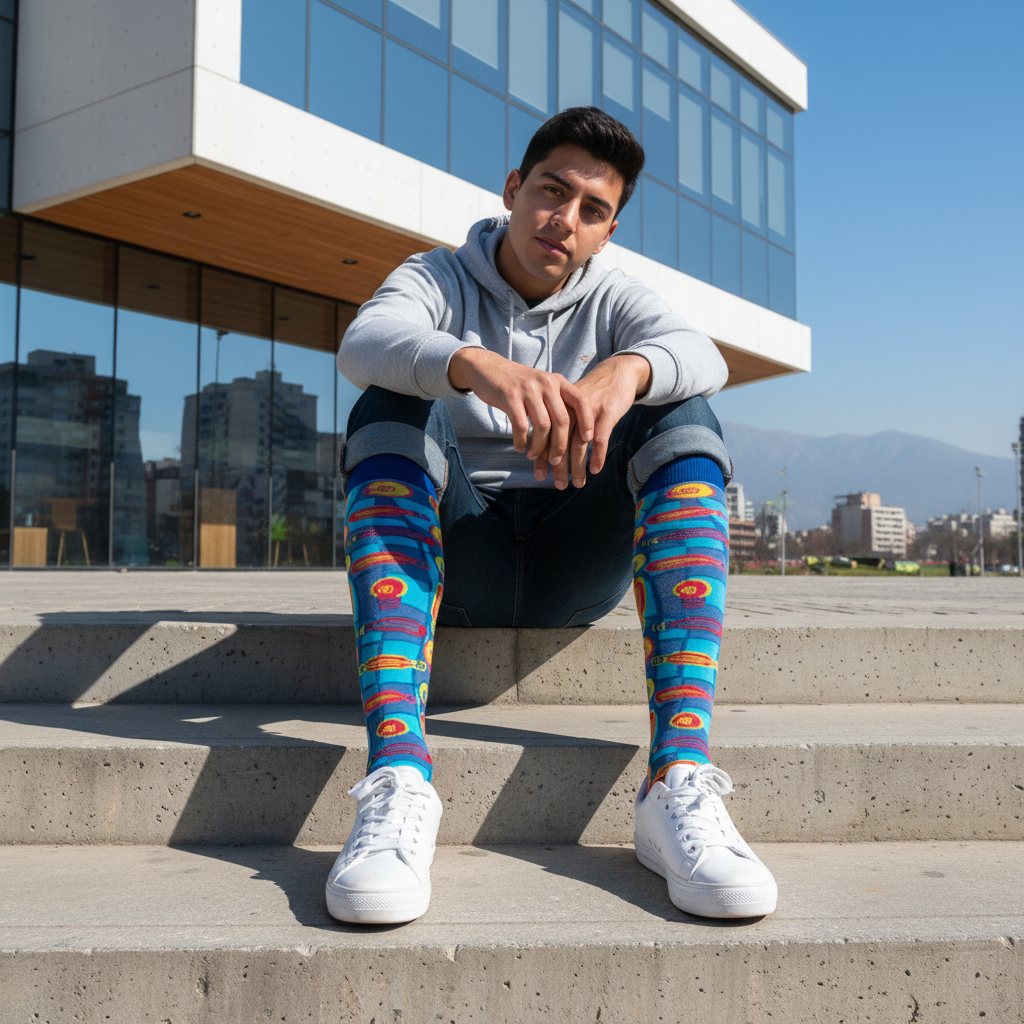 Calcetines KIUO Ampolletas - diseño en escalones de edificio en Santiago, caña alta hasta la rodilla