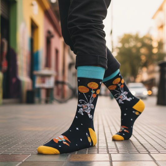 Calcetines KIUO Astronauta Con Globos - caminando en vereda urbana Santiago