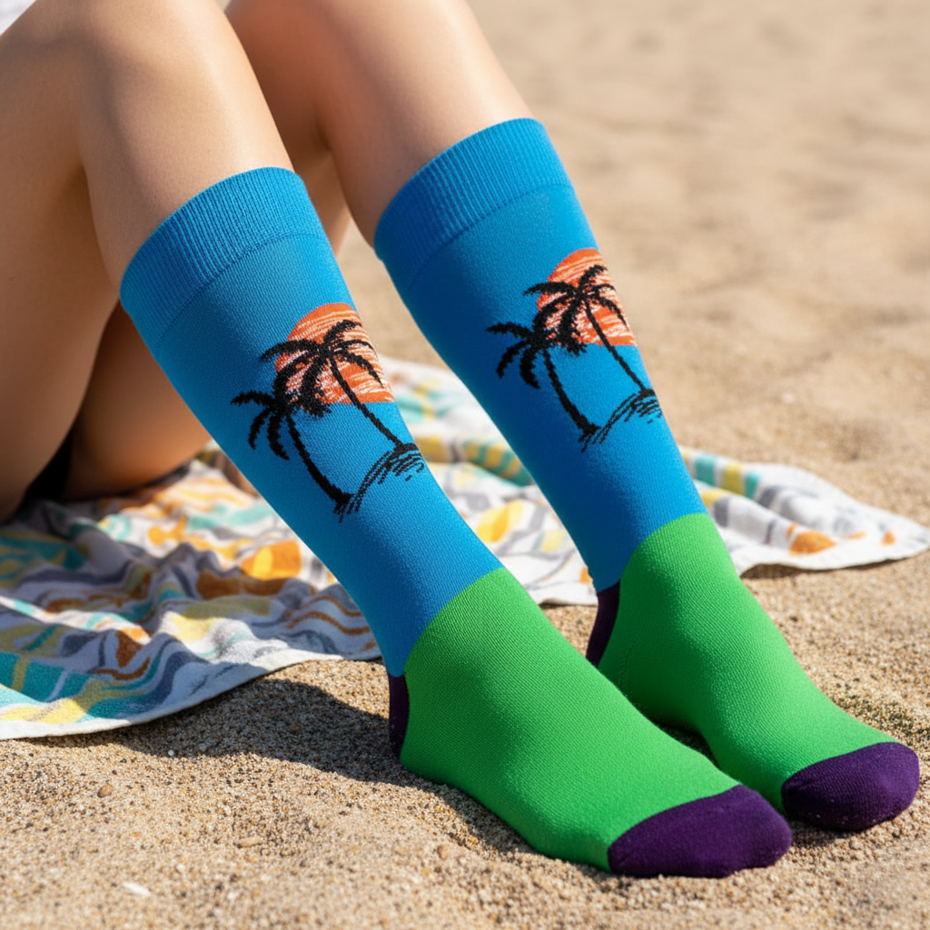 Calcetines Palmera y Sol - Close-up femenino toalla playa caña alta