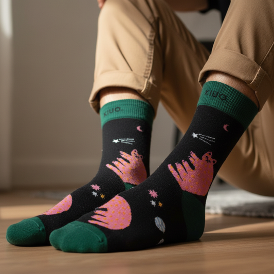 Calcetines KIUO Gato Espacial - close up hombre portada con gatos rosados en el espacio