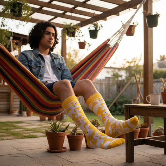 Calcetines KIUO Conejos - diseño de conejos en hamaca de patio chileno