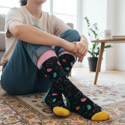 Calcetines KIUO Amebas - diseño de amebas coloridas en alfombra de apartamento moderno, caña alta