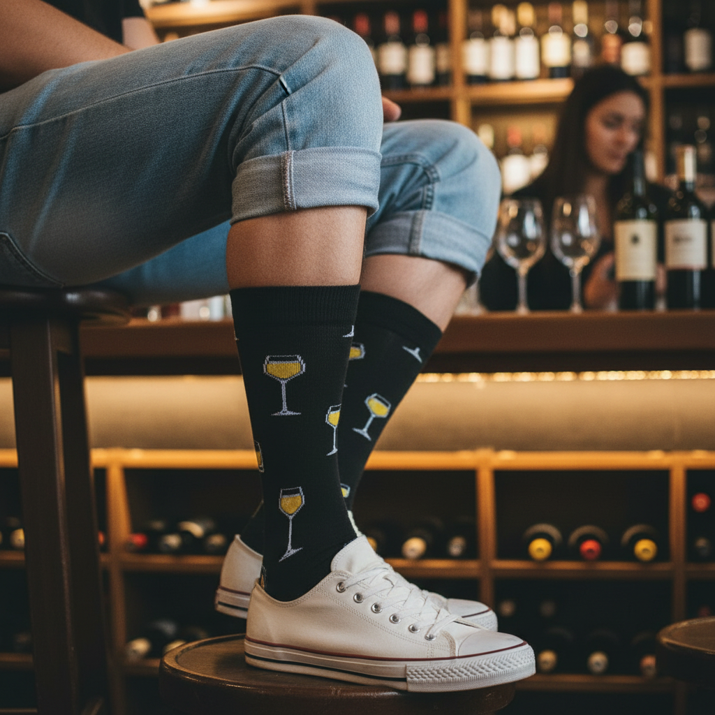 Calcetines KIUO de Copas - piernas delgadas sentado en bar Santiago