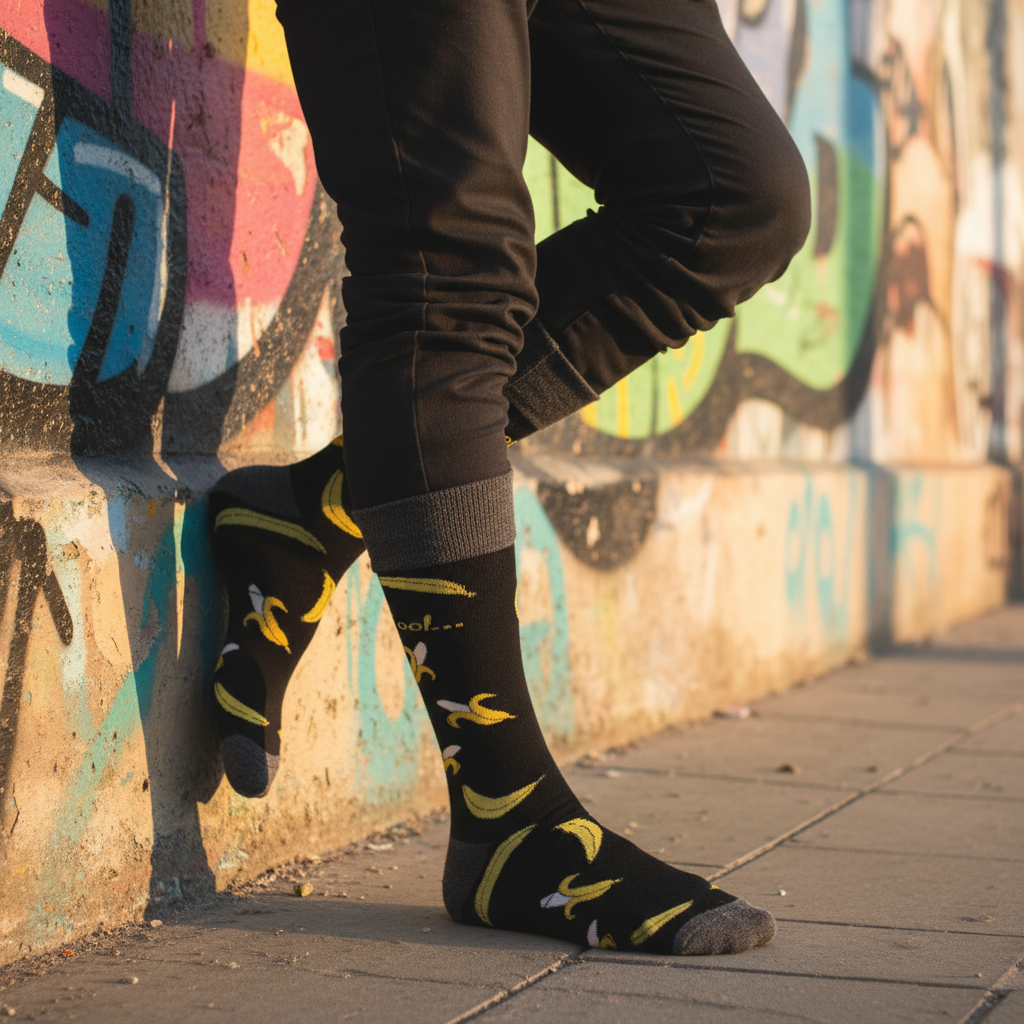 Calcetines KIUO Banana Cool - apoyado en muro street art chileno