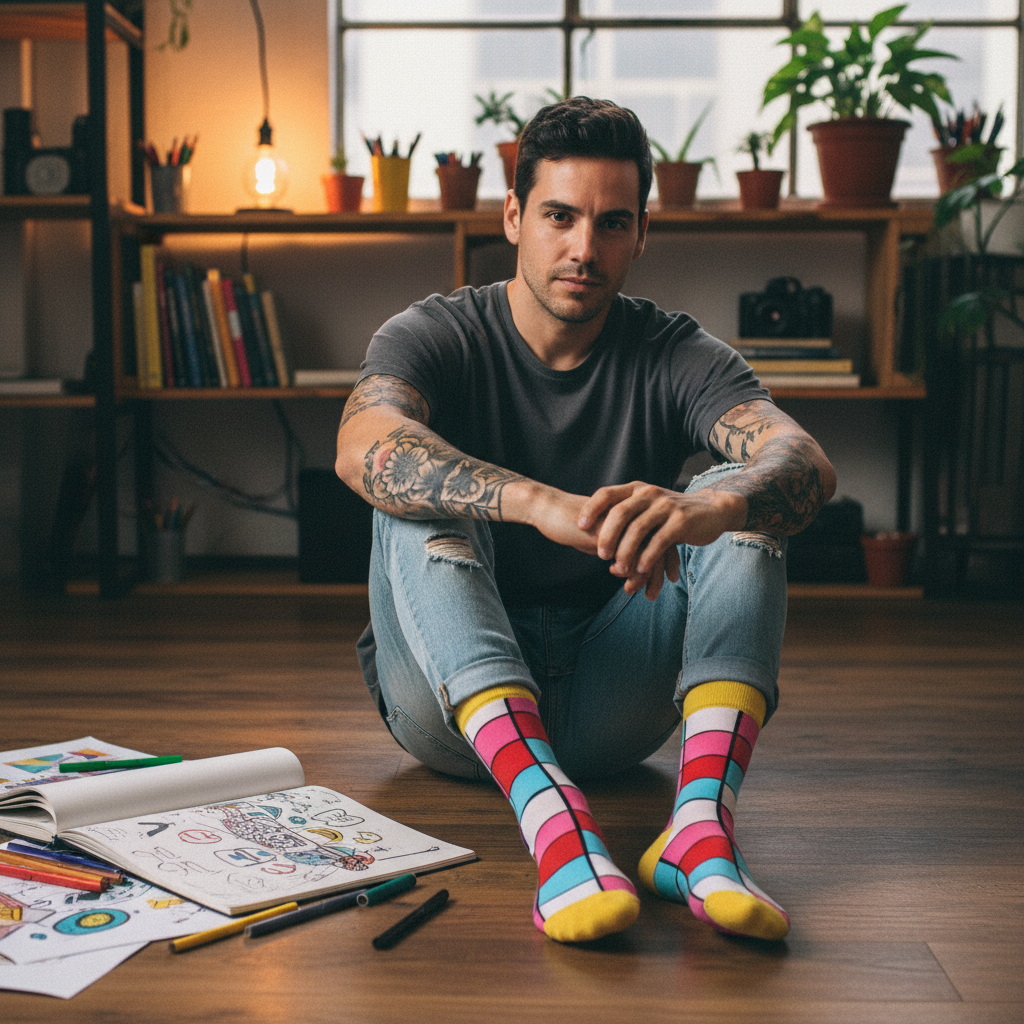 Calcetines Cuadros Arte Rojo lifestyle hombre estudio creativo