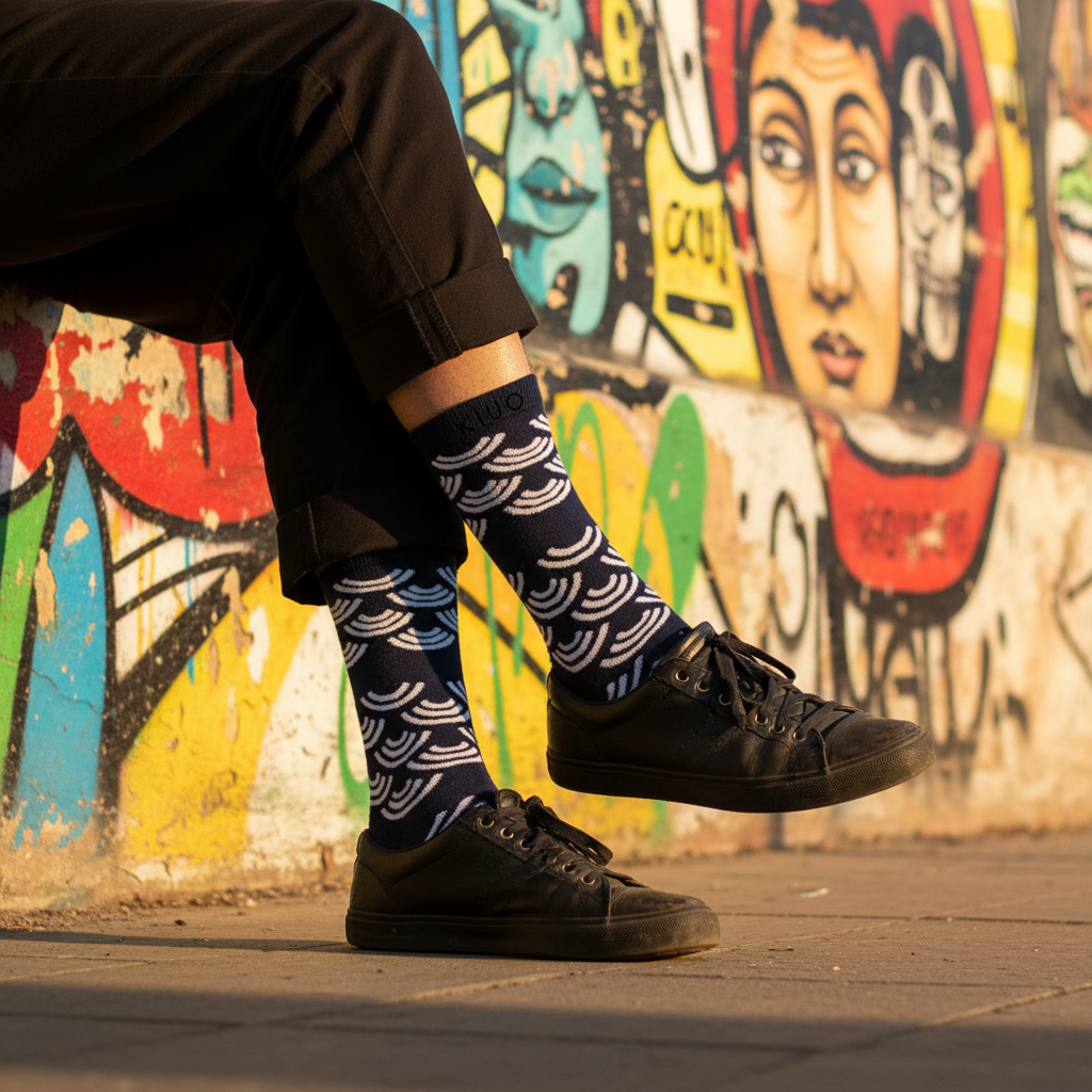 Calcetines KIUO Arcoiris Blanco - apoyado en muro street art chileno