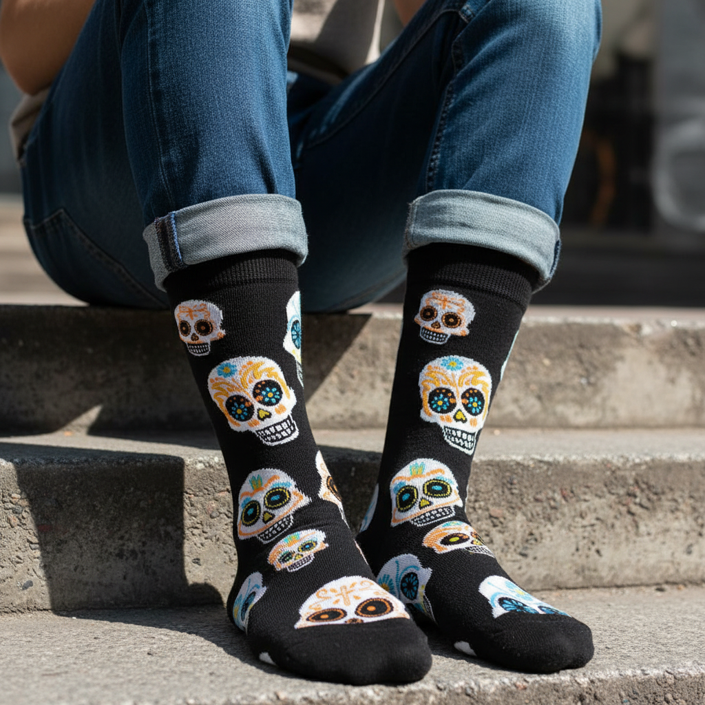 Calcetines Calaveras - Close-up masculino escalón urbano caña alta