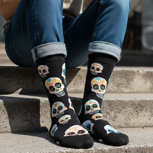 Calcetines Calaveras - Close-up masculino escalón urbano caña alta