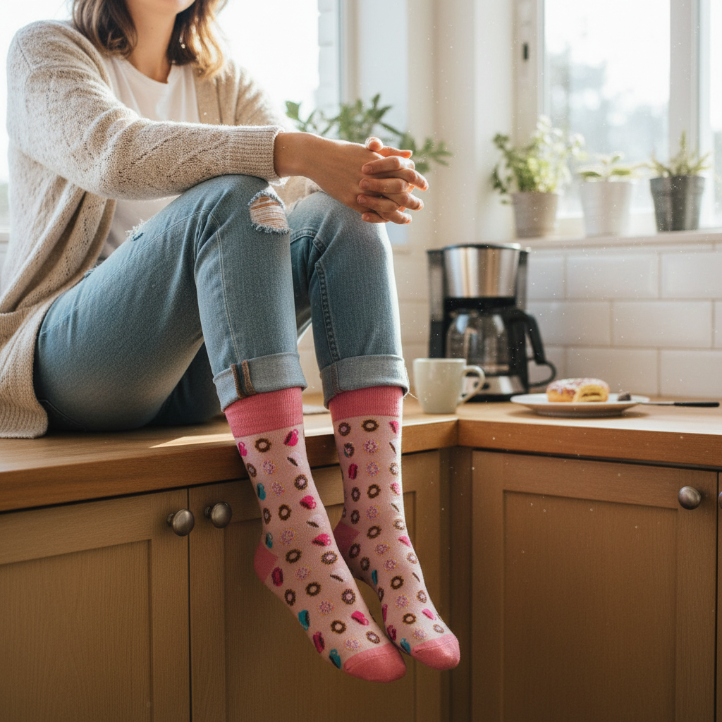Calcetines KIUO Cafecito - diseño de tazas y donuts en cocina chilena en la mañana