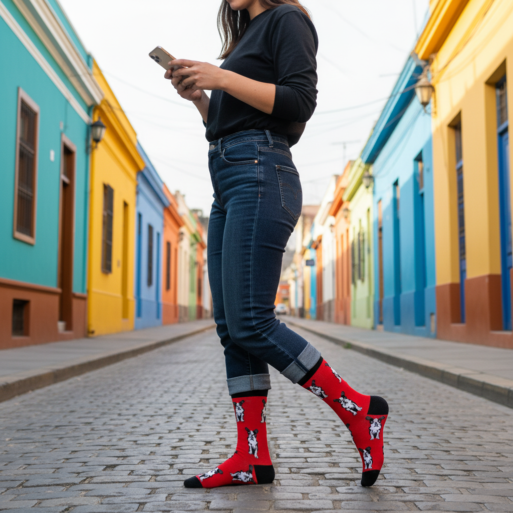 Calcetines French Bulldog - Acción calle colorida femenina caña alta