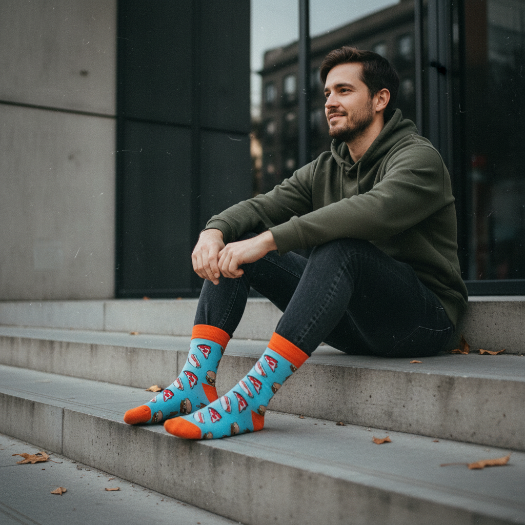 Calcetines Pizza y Helado lifestyle hombre escaleras