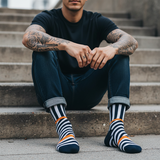Calcetines Multirayas close-up masculino editorial