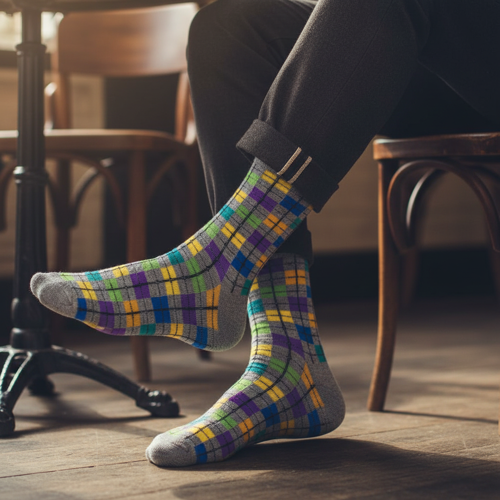Calcetines KIUO Cuadrille - close up hombre en café con patrón de cuadros de colores