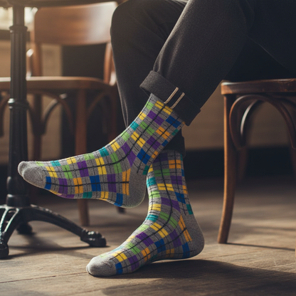 Calcetines KIUO Cuadrille - close up hombre en café con patrón de cuadros de colores
