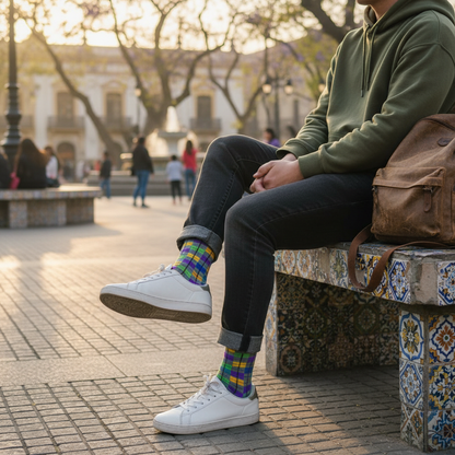 Calcetines KIUO Cuadrille - diseño de cuadros de colores en plaza chilena