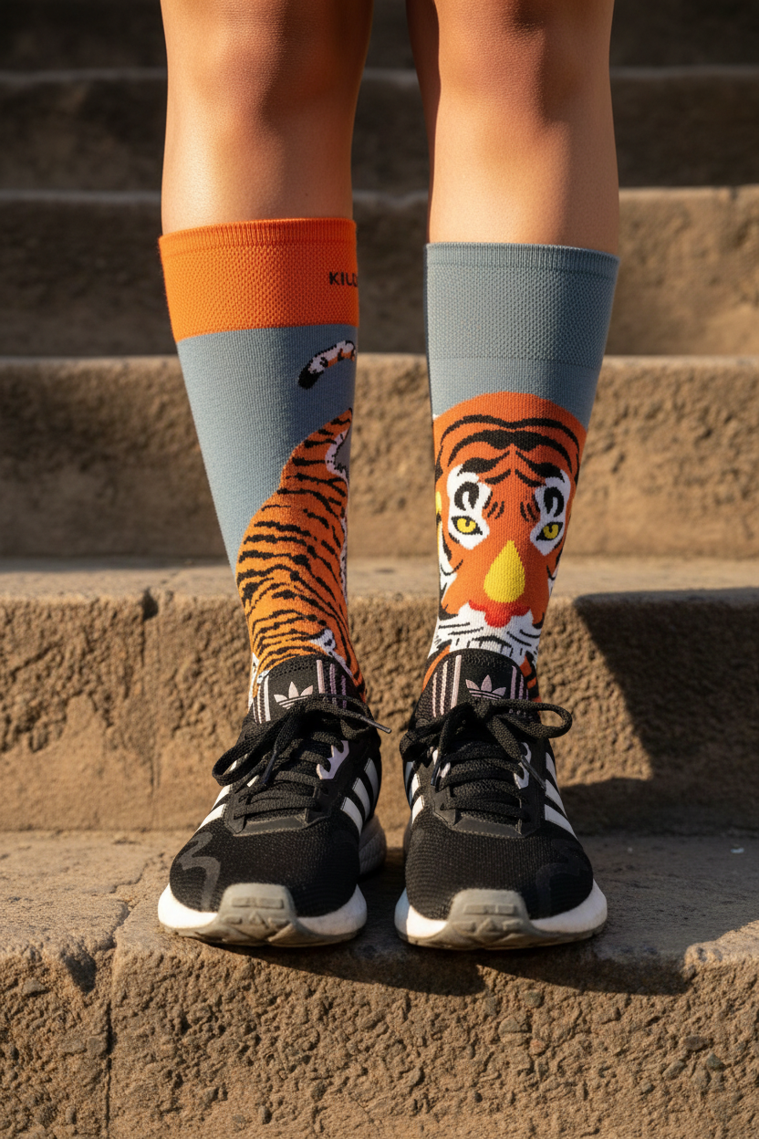 Calcetines Tigre Bengala - Macro pies sobre piedra