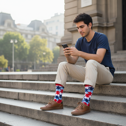 Calcetines Puzzle Rojo - Escalera edificio masculino caña alta