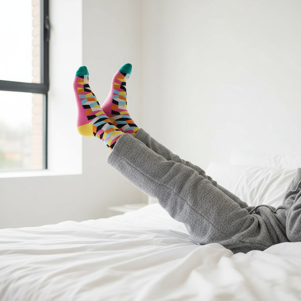 Calcetines KIUO Cuadros Rosado - diseño 3D rosado en cama minimalista
