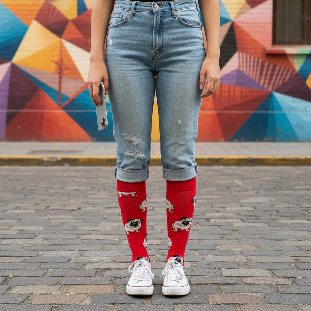 Calcetines Pug Rojos - Plano general muro rojo Barrio Italia femenina caña alta