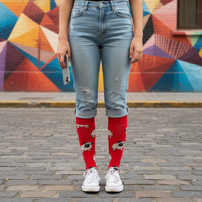 Calcetines Pug Rojos - Plano general muro rojo Barrio Italia femenina caña alta