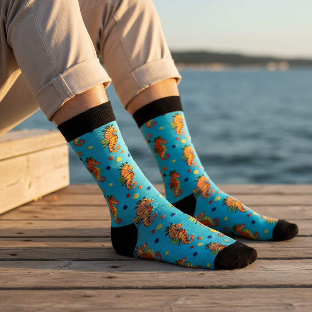 Calcetines KIUO Caballito de Mar - close up hombre en muelle con patrón de caballitos de mar