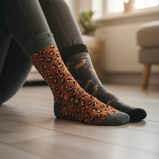 Calcetines KIUO Chita Print - close up del patrón de manchas de chita en interior