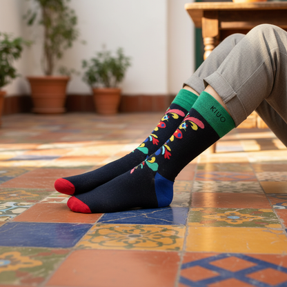 Calcetines KIUO Arte Flores - diseño floral en patio con baldosas chilenas