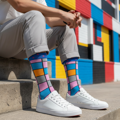 Calcetines Cuadros Arte Rosado - Plano medio escalon arte masculino caña alta