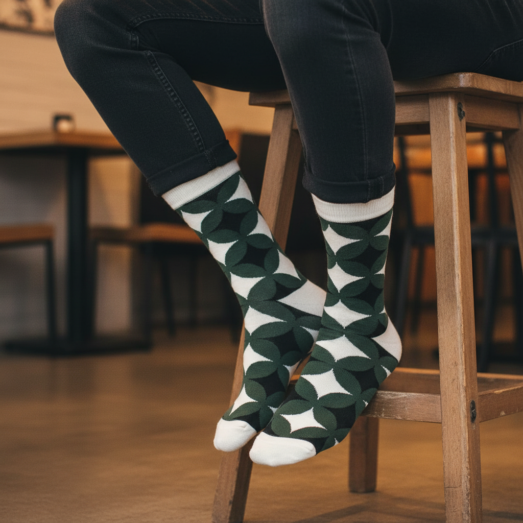 Calcetines Círculos Verde - Close-up masculino café diseño caña alta