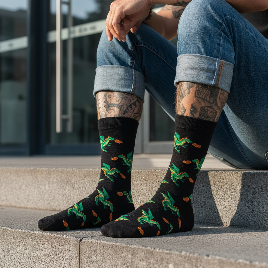 Calcetines Dragon y Fuego close-up masculino escalones