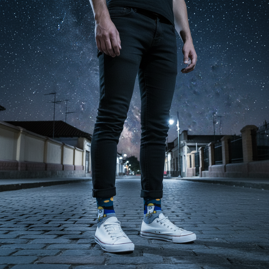 Calcetines KIUO Nave Espacial - plano general noche Santiago caña alta