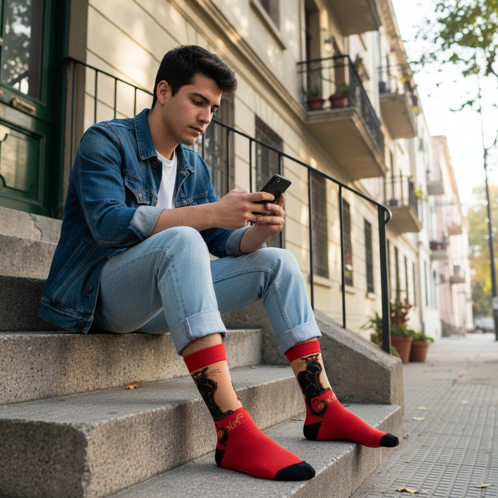 Calcetines Gato Chat Noir - Escalera edificio domingo masculino caña alta