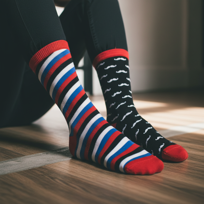 Calcetines KIUO Barbero - close up del diseño con tijeras, peines y navajas de barbero