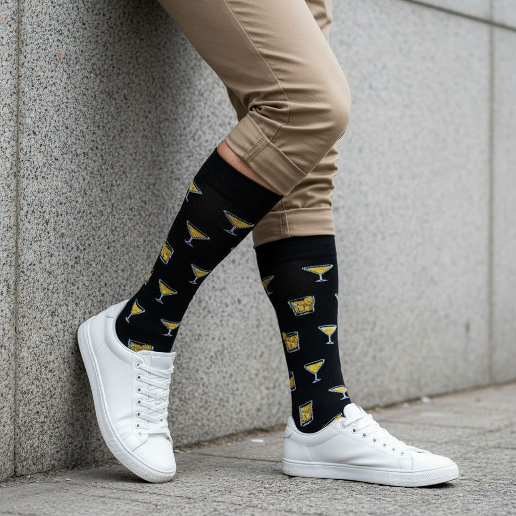 Calcetines KIUO de Copas - piernas musculosas apoyado en muro Santiago