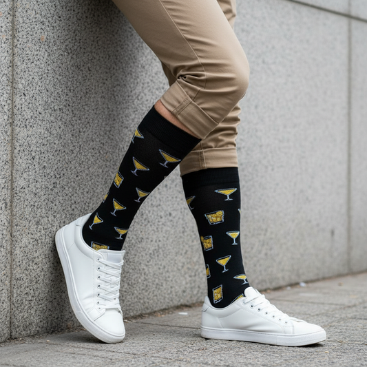 Calcetines KIUO de Copas - piernas musculosas apoyado en muro Santiago