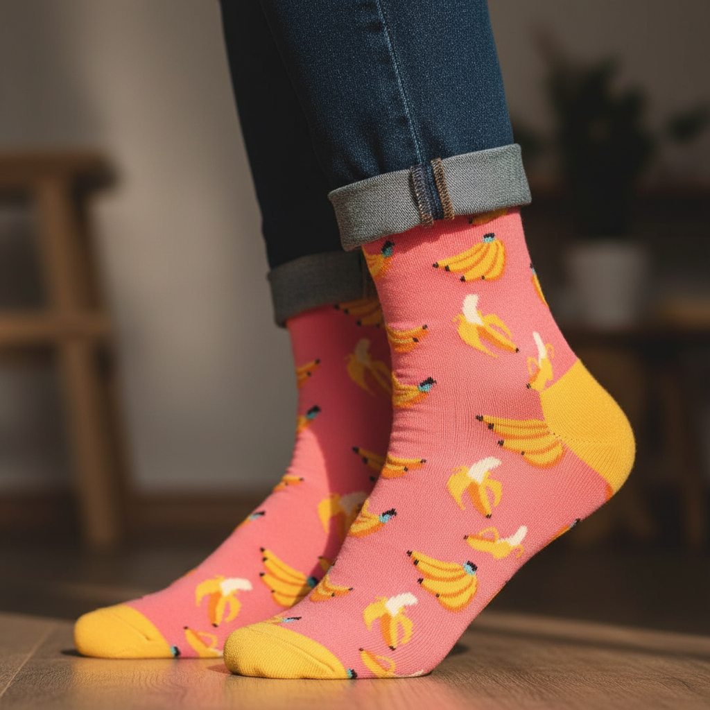 Calcetines KIUO Banana Rosada - close up extremo del diseño