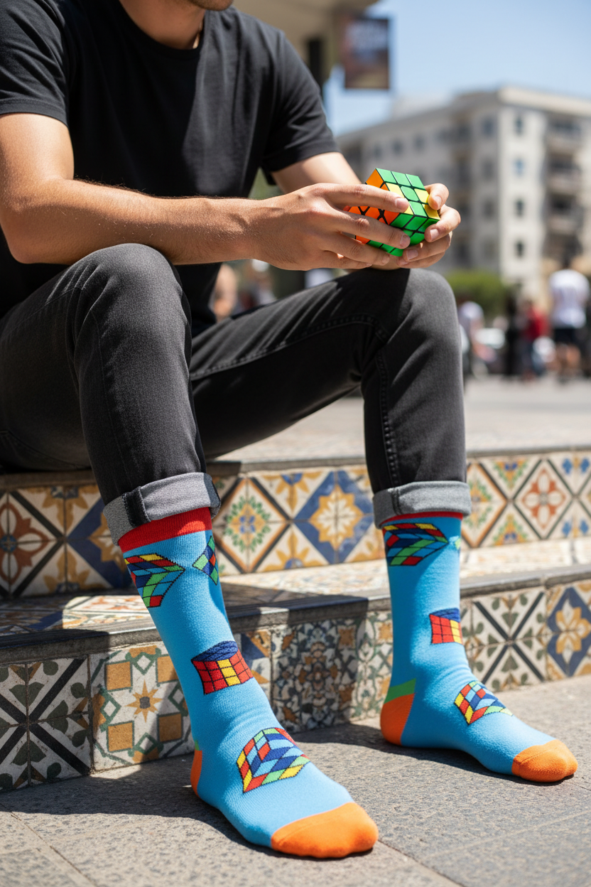 Calcetines Cubo Rubik - Plano medio sentado con cubo Rubik